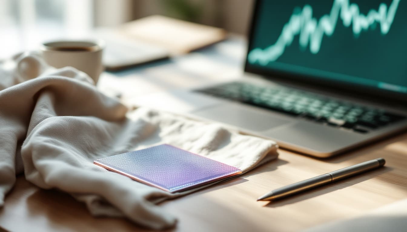 Een iriserende siliciumchip op een linnen doek op een licht eikenhouten bureau, met daarachter een laptop met een grillige petrolblauwe koersgrafiek, als beeld voor de angst voor een AI-bubbel en de blootstelling van je portefeuille