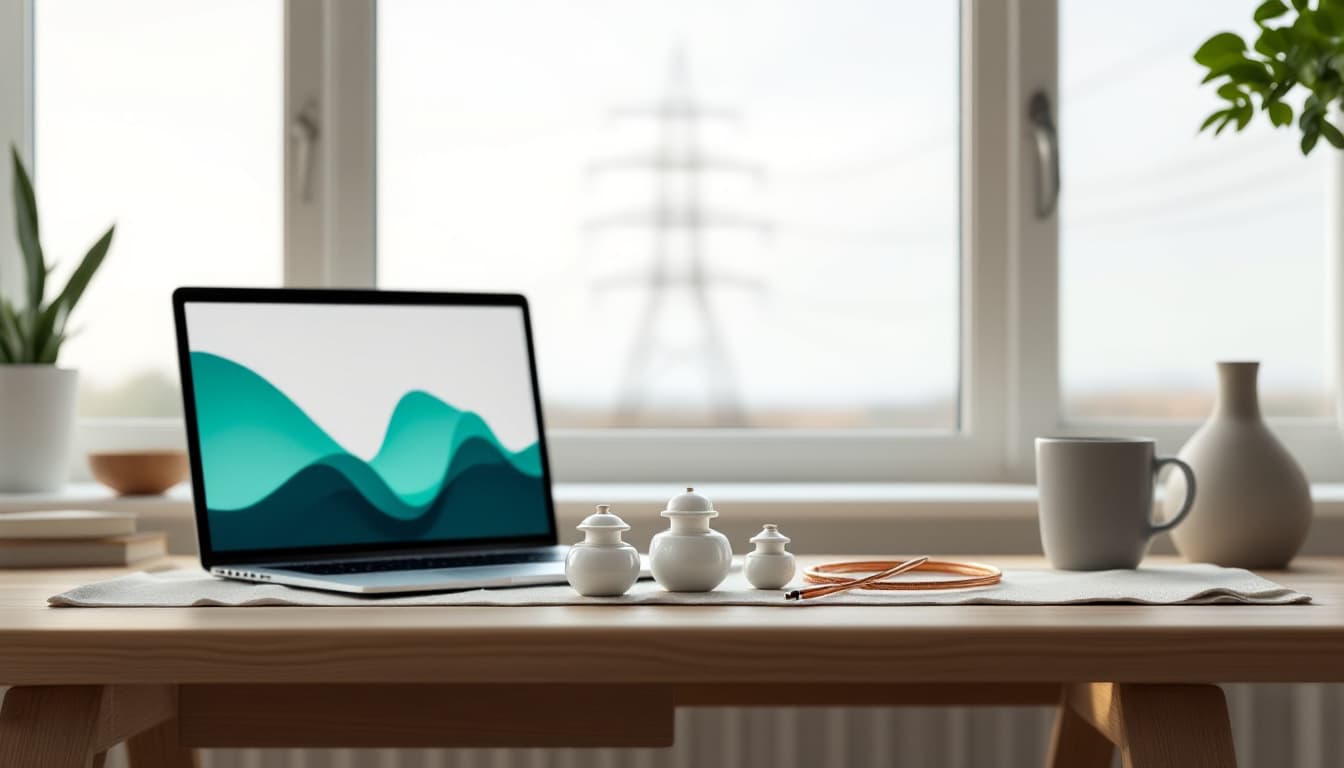 Three porcelain insulators and a coiled copper cable on a pale oak desk beside a laptop with a teal chart, a power pylon outside the window, a visual for AI energy stocks in Europe