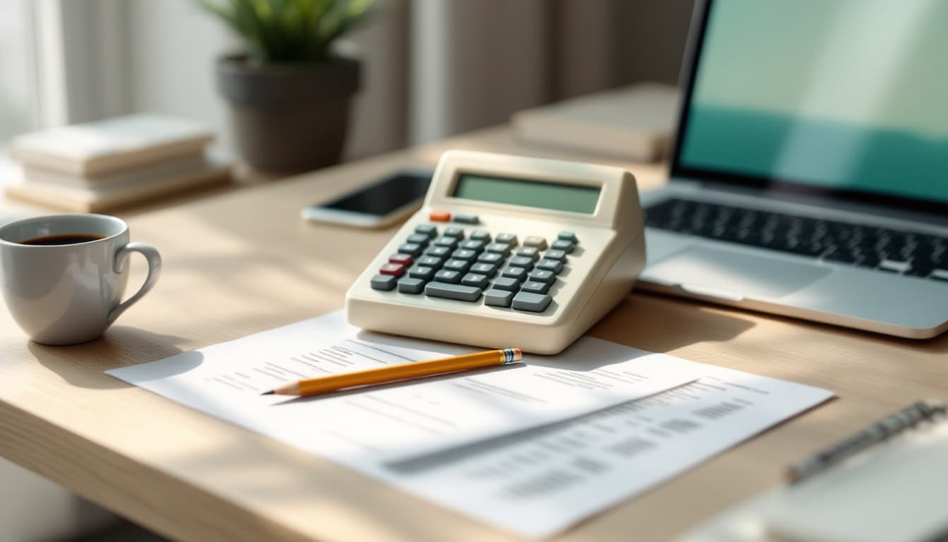 Desk calculator, pencil and printed portfolio table beside an open laptop on a pale oak desk, a visual for how to analyze a portfolio with ChatGPT