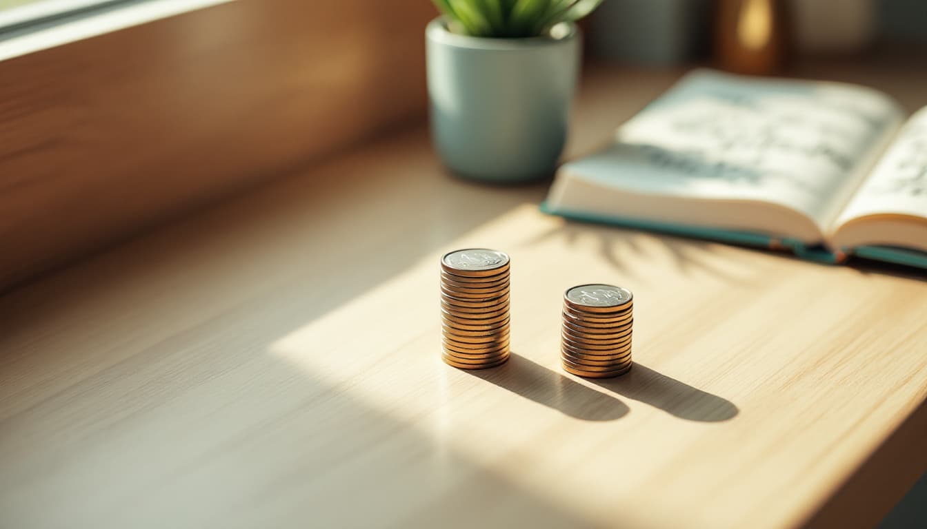 Bureau en bois clair avec un carnet de notes sur les comptes d'investissement, une tasse de café et une lumière naturelle douce