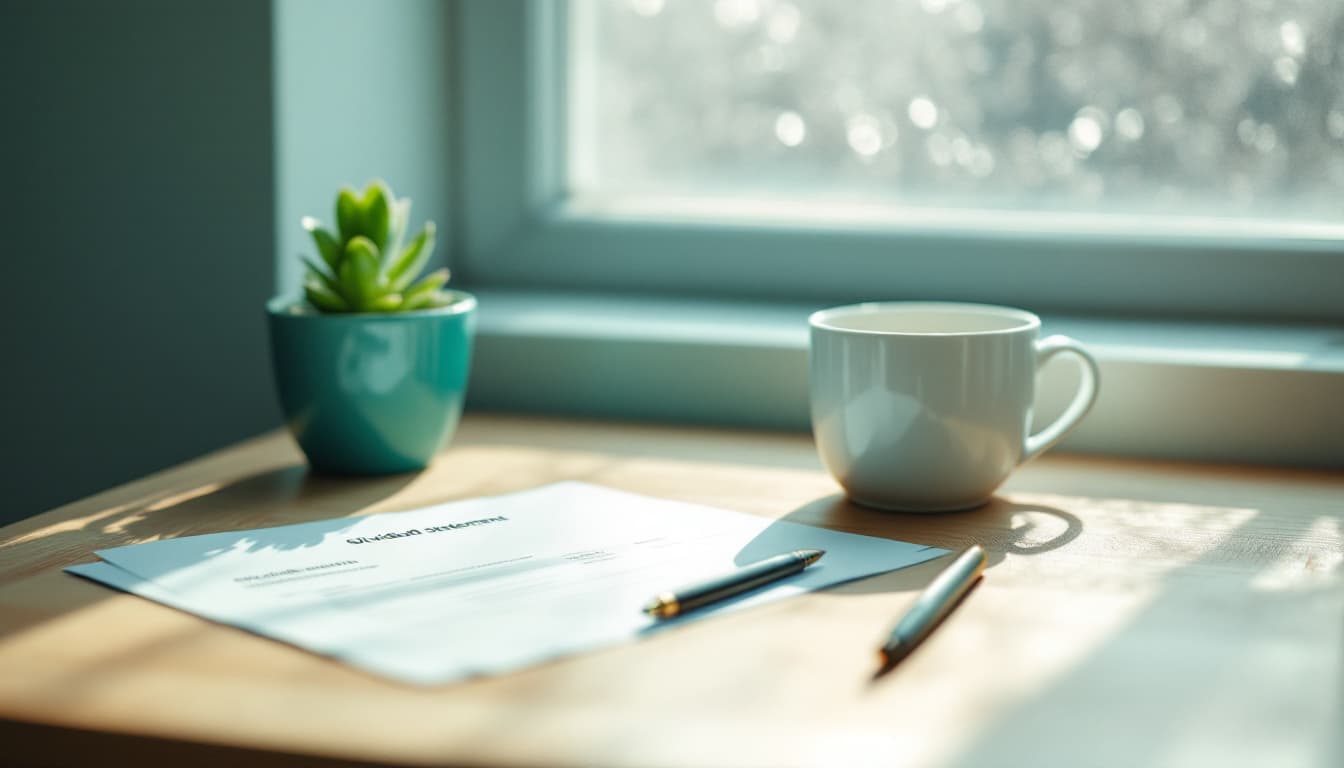 Clean desk with dividend statement, pen, and a cup of coffee in soft morning light