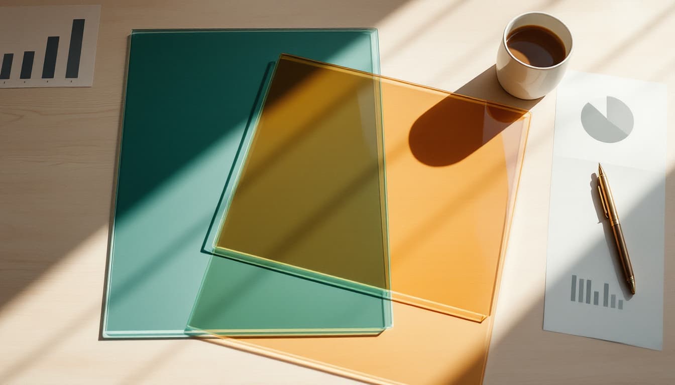 Teal and amber glass panels overlapping on a pale oak desk beside printed portfolio charts, a visual for ETF overlap and Magnificent 7 concentration