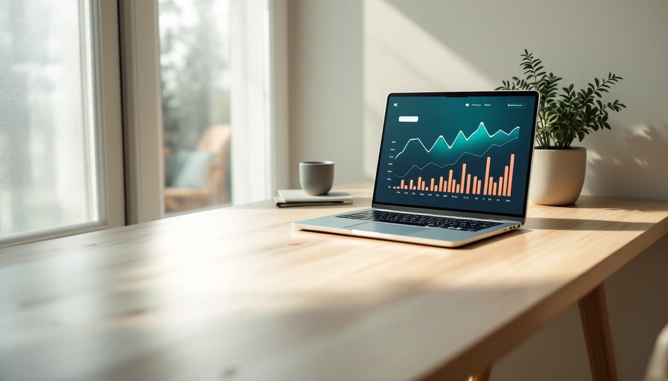 Laptop on a wood desk showing a European stock portfolio with strong upward performance in 2026