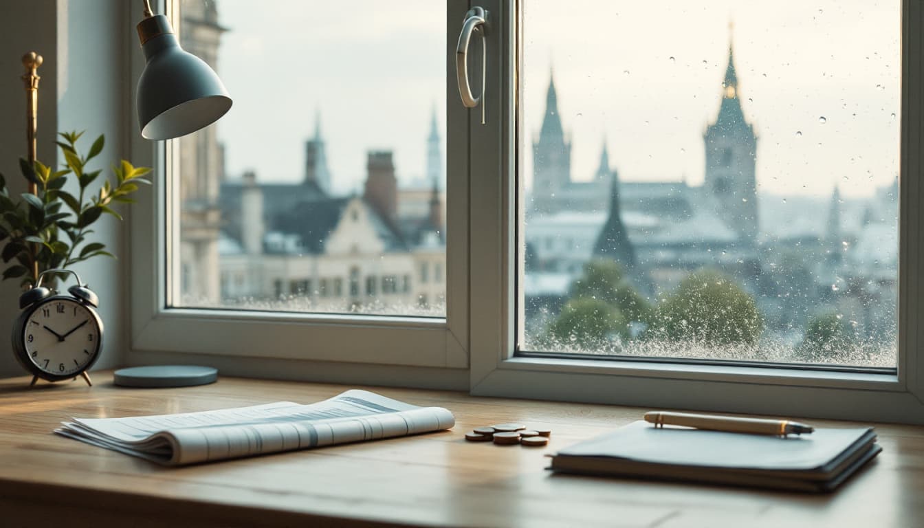A trading desk with a European stock index chart showing a record high, next to a notebook tracking dividend payments