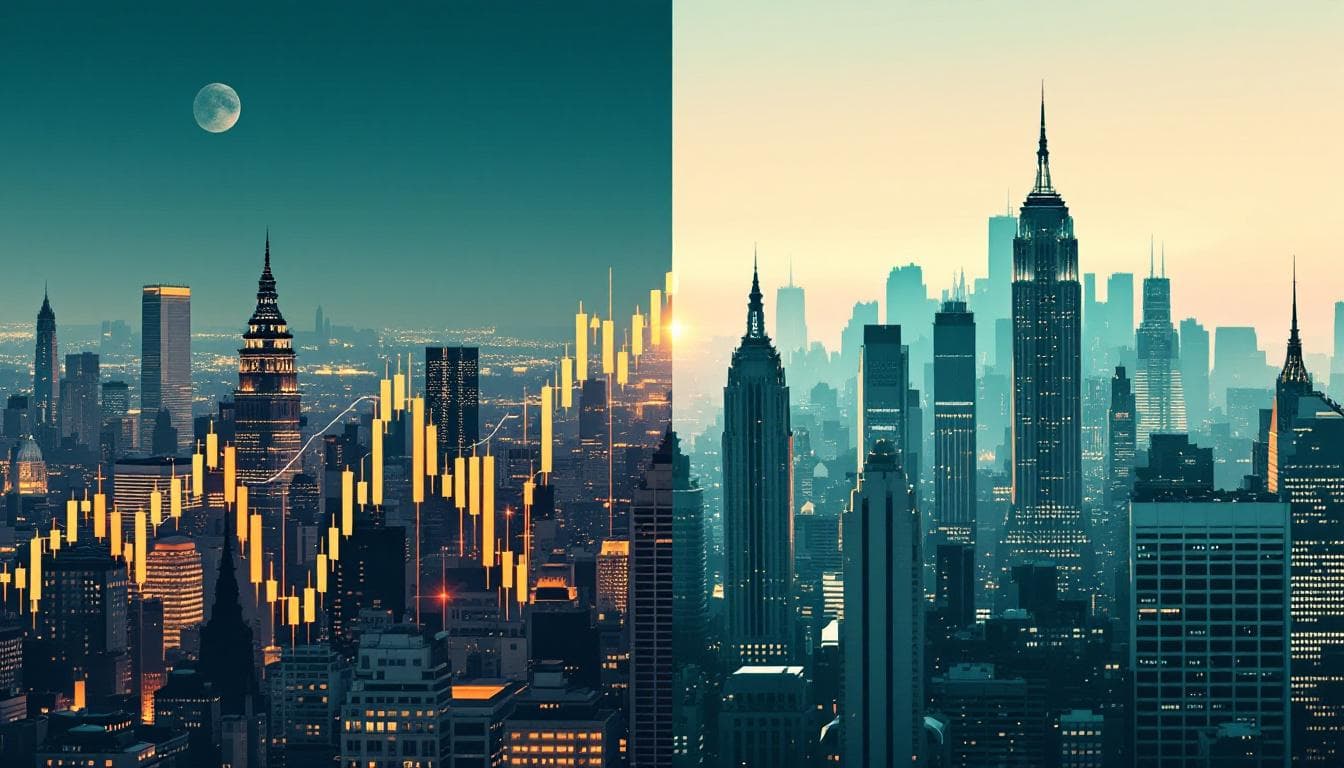 European and American city skylines with contrasting stock chart overlays