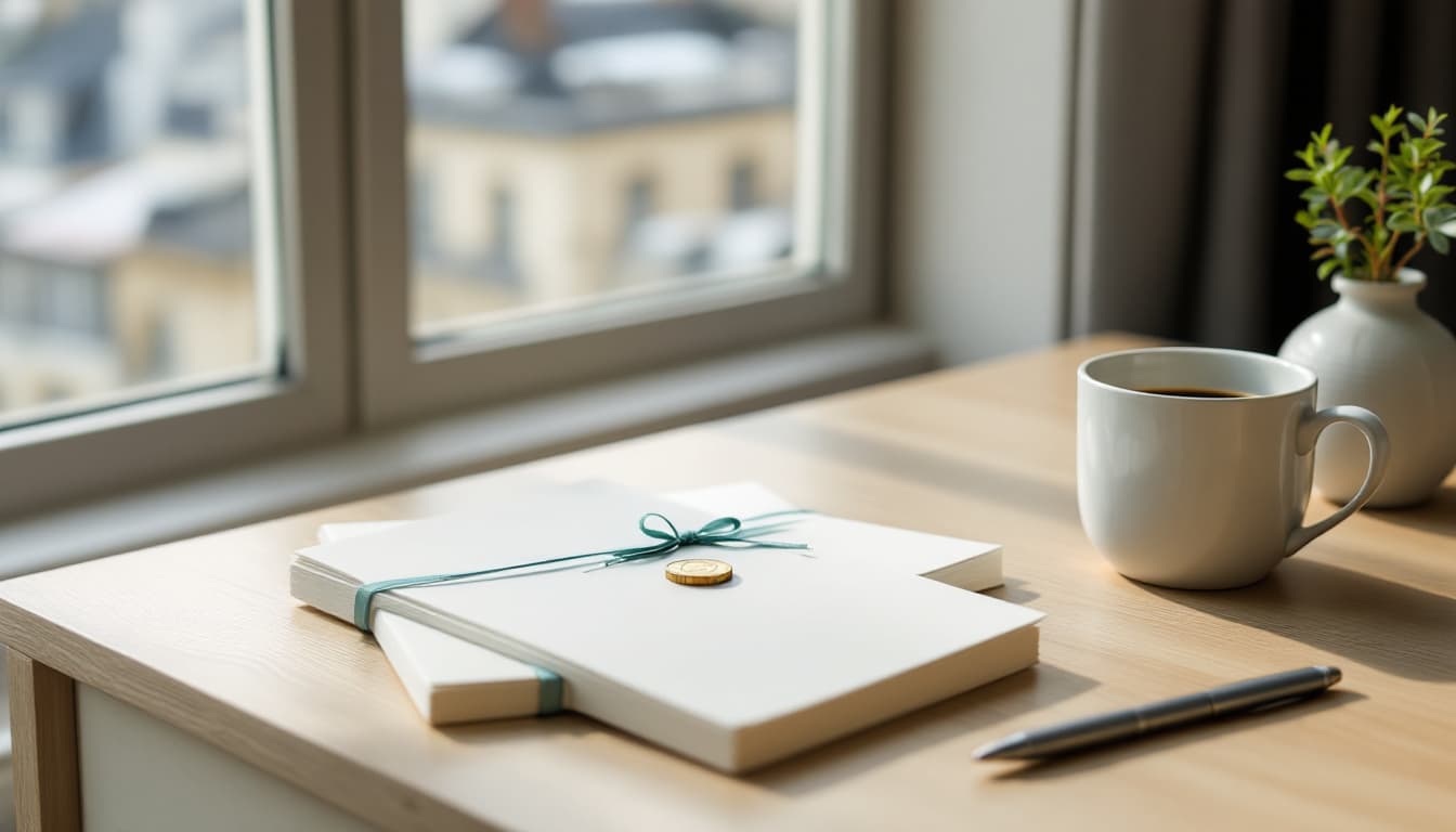 A euro coin resting on a stack of bound government papers on a pale oak desk, Paris rooftops blurred behind, a visual for the French debt crisis and your portfolio