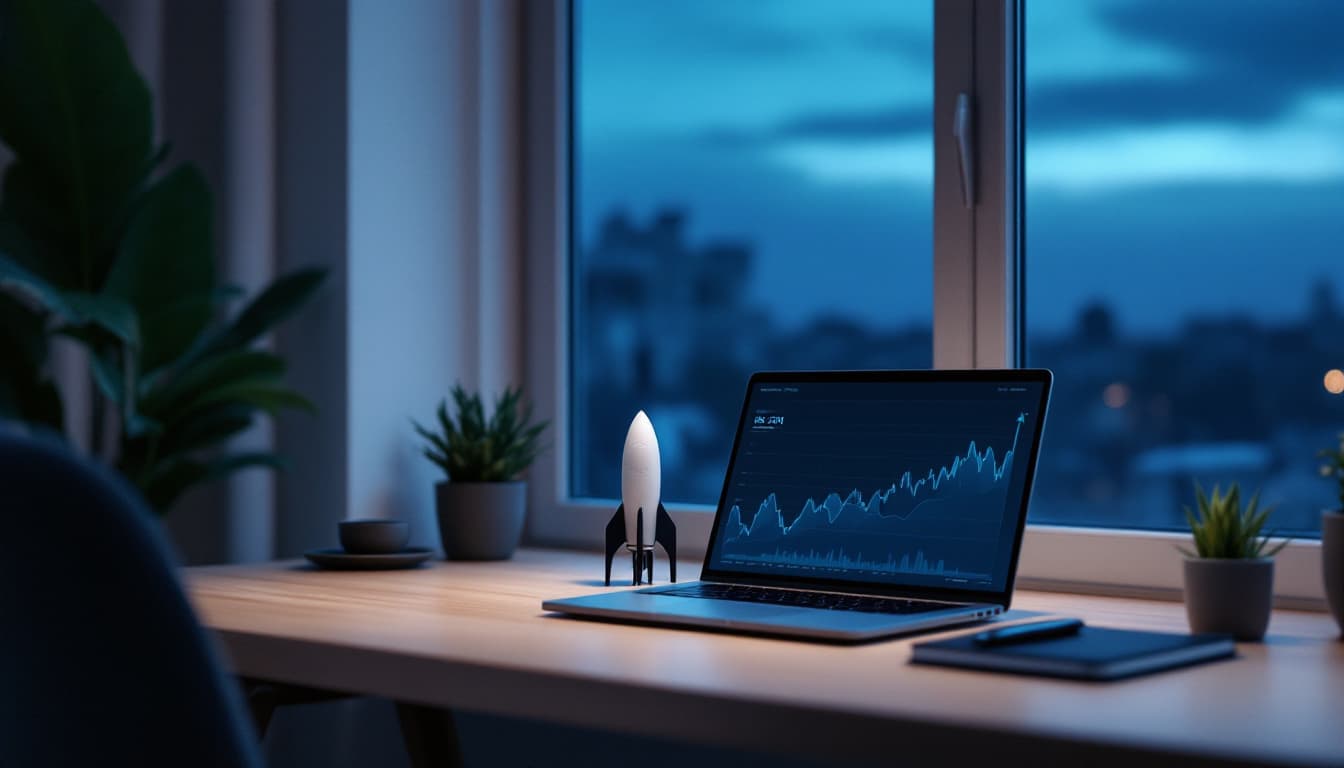 Laptop showing the SPCX SpaceX stock chart on a wood desk, the way a European investor would track a new US position