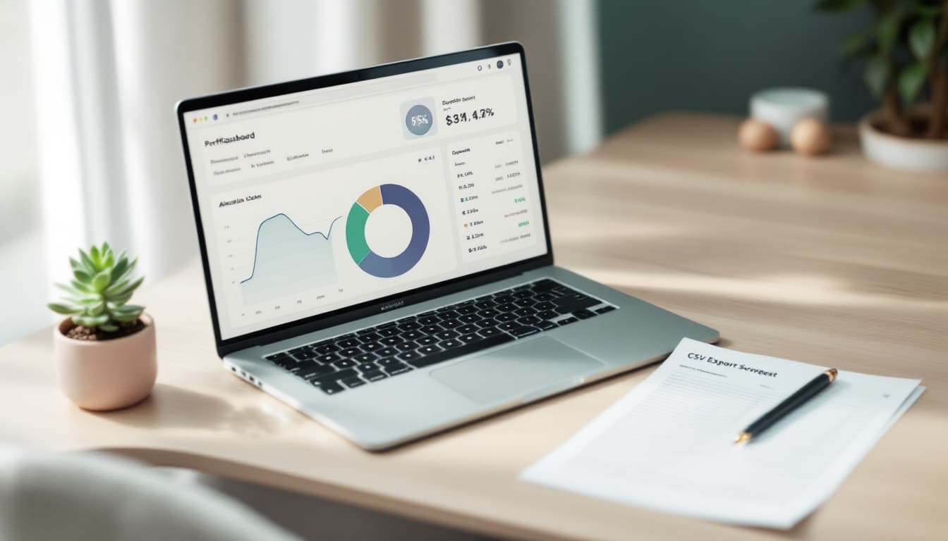 Laptop showing a DEGIRO portfolio tracker dashboard with total return, dividends, and allocation next to a notebook