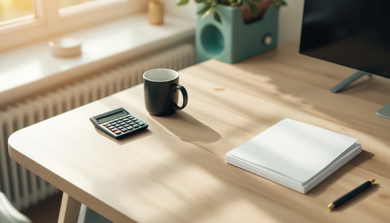 Bureau en bois clair avec un relevé de dividendes Degiro, une calculatrice et une tasse de café, lumière du matin