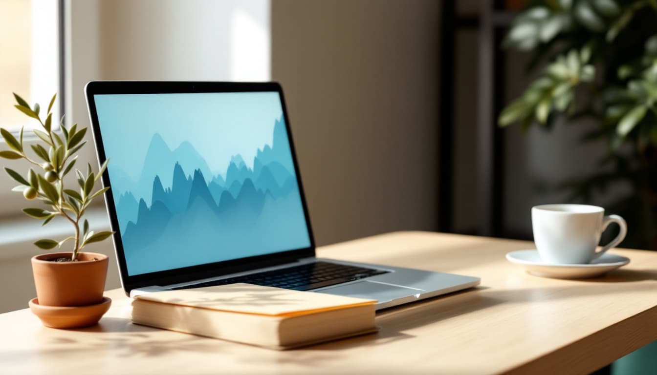 Escritorio de madera clara con documentos fiscales ordenados, una taza de café y un portátil mostrando un gráfico de cartera en luz natural suave
