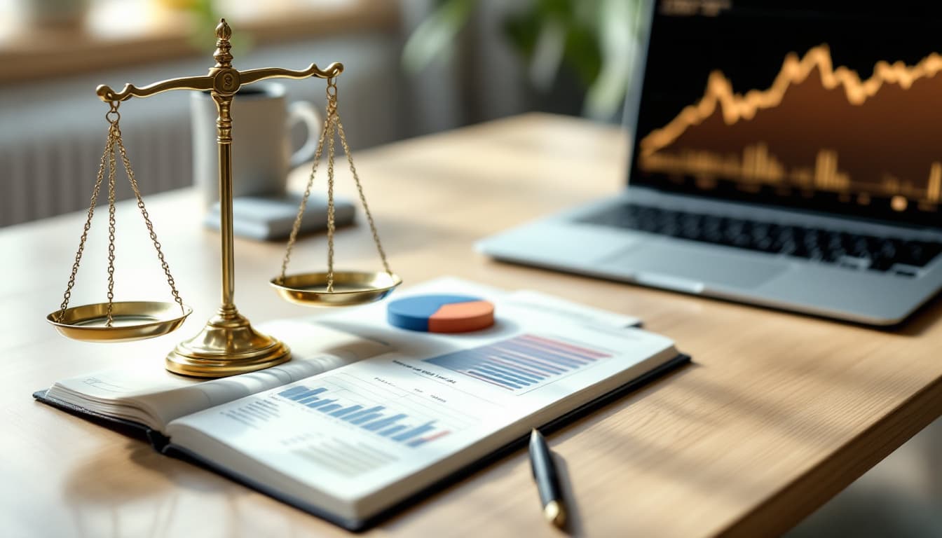 Laptop showing a portfolio allocation chart with sector and country breakdowns on a light-wood desk, illustrating how to rebalance a portfolio after record stock market highs in 2026