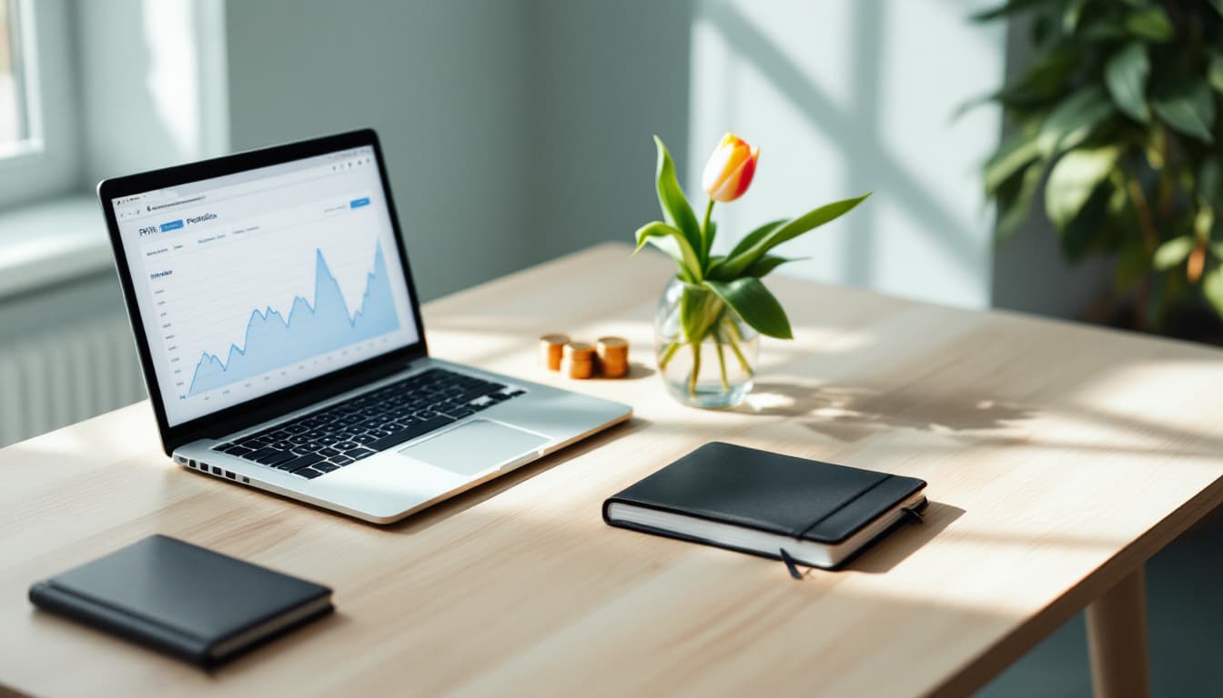 Houten bureau met een laptop met een portefeuilledashboard, een klein stapeltje euromunten en een notitieboekje met handgeschreven belastingberekeningen