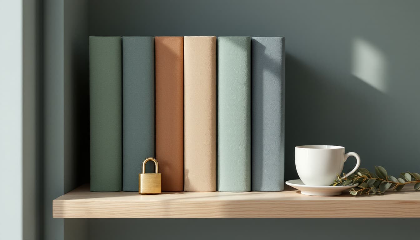 Six registres vierges reliés de lin aux tons sourds sur une étagère en chêne clair, un petit cadenas en laiton devant, une tasse de café blanche et un brin d'eucalyptus, pour illustrer les comptes d'investissement défiscalisés en Europe