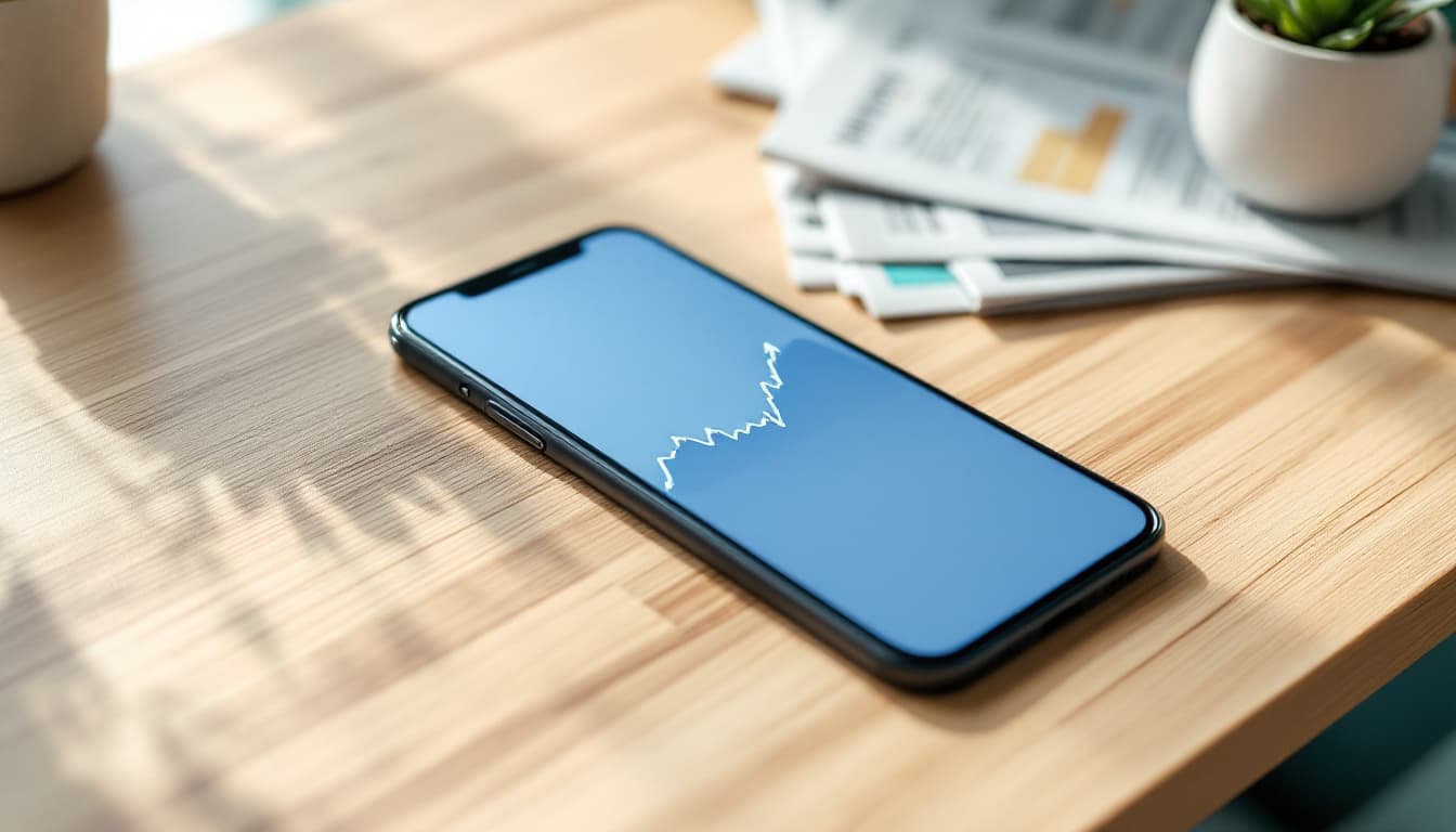 A smartphone showing a stock trading app next to a folded newspaper with market listings