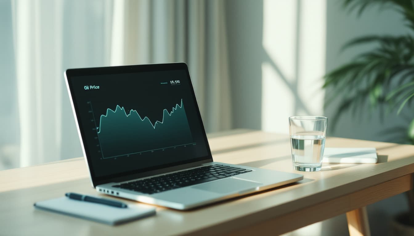 Laptop showing a falling oil price chart on a light-wood desk, illustrating the US-Iran deal stock market and energy impact
