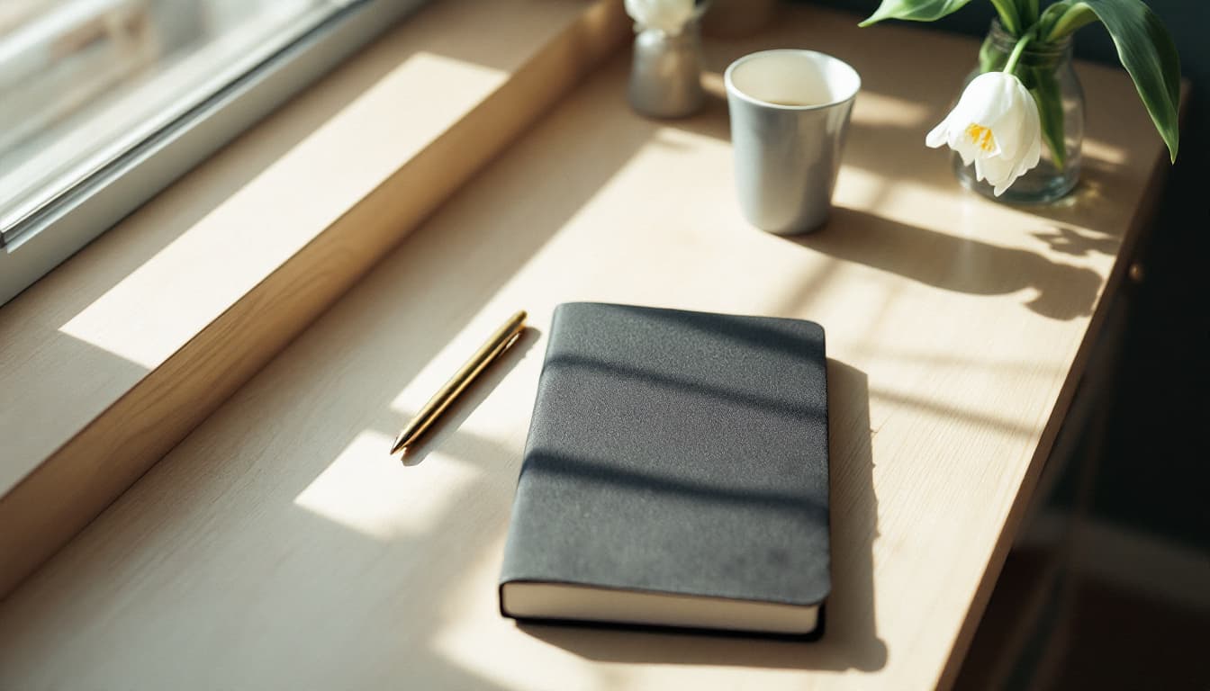 A closed black notebook and a brass pen on a pale oak desk beside a white tulip in Friday morning light, a visual for the weekly market recap of 19 to 23 October